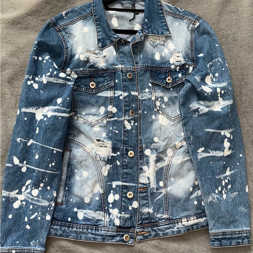 Men's Blue Denim Jacket with White Splatter